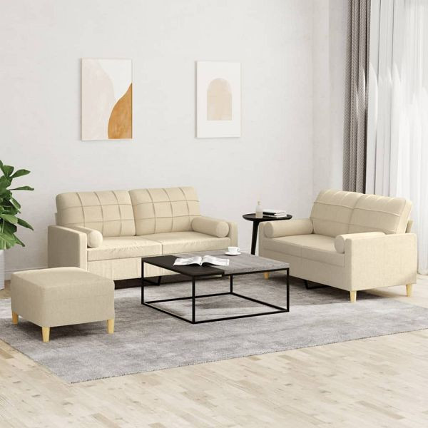 vidaXL 3-teilig Sofagarnitur mit Kissen Creme Stoff, 3201300