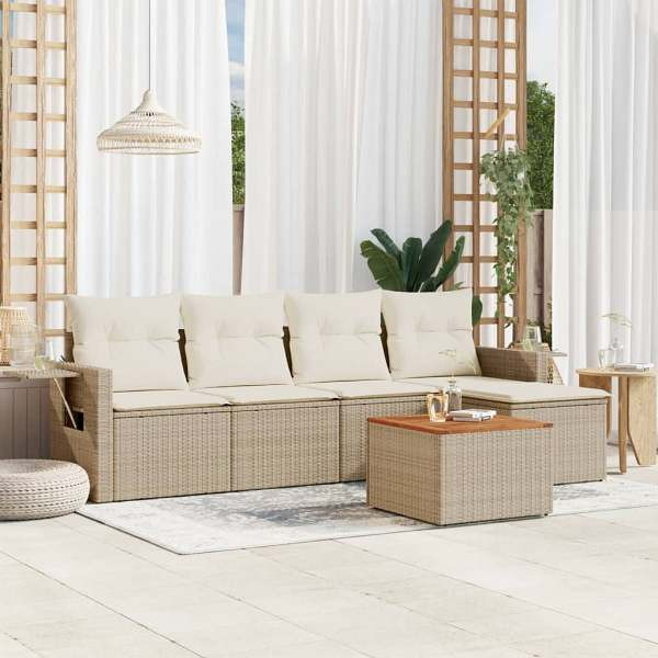 vidaXL 6-tlg. Garten-Sofagarnitur mit Kissen Beige Poly Rattan, UV-beständig, 3224539