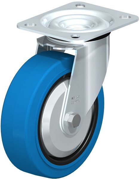 Blickle LE-POEV 125XR-SB-FA Stahlblech-Lenkrolle mit Anschraubplatte, Elastik-Vollgummi, Blau, 850123