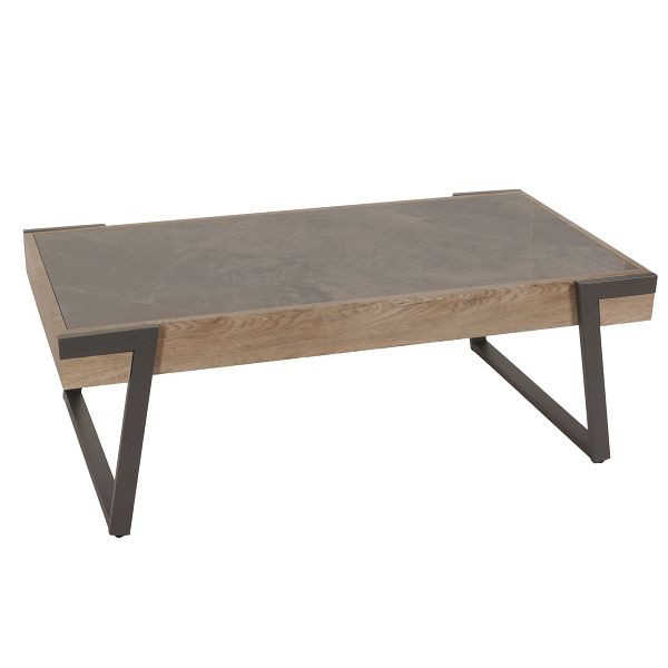 Mendler Couchtisch HWC-L89, Sofatisch Wohnzimmertisch, Eisen 43x120x64cm Sinterstein Marmor-Optik grau Holz grau-braun, 102702