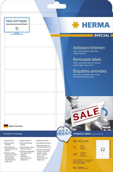 HERMA 4348 Etiketten weiß 96x42,3 mm ablösbar Papier matt 300 St., 4348