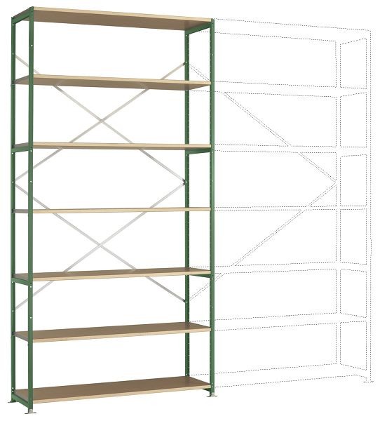 Manuflex Großfach-Steckregal Grundregal mit 7 Holzverbundböden, HxBxT = 3000 x 1530 x 400 mm, resedagrün, RP1641.6011