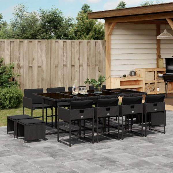 vidaXL 13-tlg. Garten-Essgruppe mit Kissen Schwarz Poly Rattan, 3211339