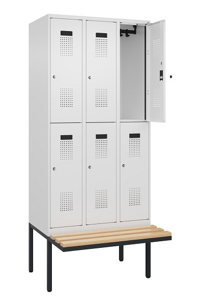 C+P Doppelstock-Spind Evolo PLUS, Bank, 6 Fächer, 2120x900x815mm, 9016/9016, Zylinderschloss, Sitzfläche Buche-Hartholz, 0493407-30 S10047