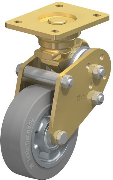 Blickle BPFE-ALEV 150K-SG Schwerlast-Bockrolle mit Polyurethan-Drehfedern, Elastik-Vollgummi, Grau, 853737