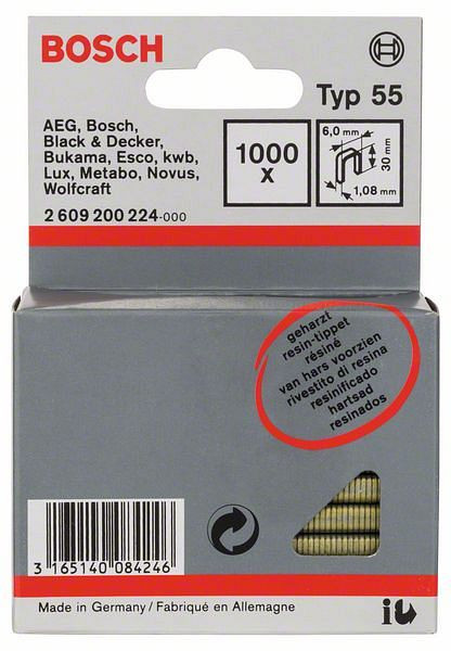 Bosch Schmalrückenklammer Typ 55, geharzt 6 x 1,08 x 30 mm, 1000er-Pack, 2609200224