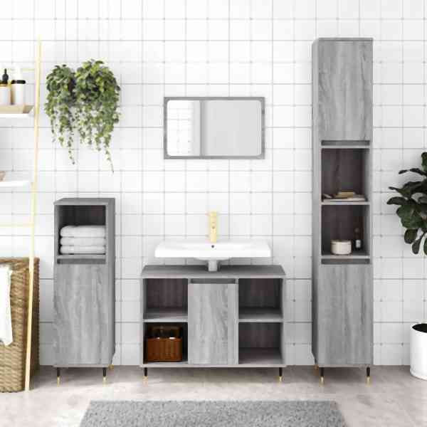 vidaXL 3-tlg. Badmöbel-Set Grau Sonoma Holzwerkstoff, 3190297
