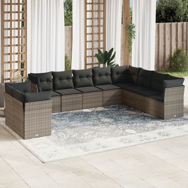 vidaXL 10-teilig Garten-Sofagarnitur mit Kissen Grau Poly Rattan, 3249699