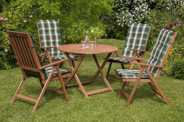 Merxx Vitoria Set 9-teilig, 4 Vitoria Klappsessel, 4 Wendekissen, grün kariert/uni, 1 Tisch, Ø 100 cm, FSC® Eukalyptusholz, 50070-100