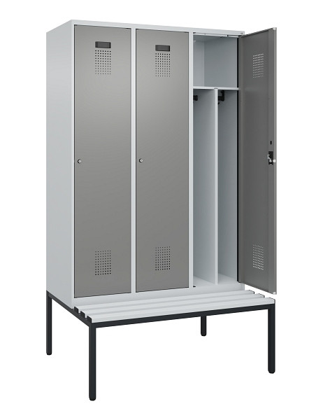 C+P Spind Evolo PLUS, 3 Abteile, 2120x1200x815mm, 7035/0004, Haken 4, Zylinderschloss, Sitzfläche Kunststoff, Sitzbank, Trennwand, 0490507-32F S10095