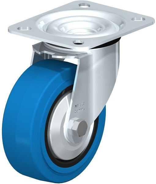 Blickle LE-POEV 100KD-SB-FA Stahlblech-Lenkrolle mit Anschraubplatte, Elastik-Vollgummi, Blau, 749594