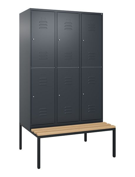 C+P Doppelstöckiger Spind Classic PLUS, 3 Abteile, 2120x1200x815mm, 7016/7016, Zylinderschlösser, Buche-Sitzleisten, Sitzbank, 0803507-32 S10102