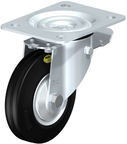 Blickle LK-RD 125R-3-ST-FA Stahlblech-Lenkrolle, schwere Ausführung, mit Anschraubplatte & Feststeller, Zweikomponenten-Vollgummi, Schwarz, 750461