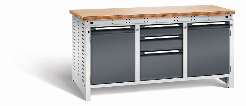 Otto Kind Werkbank Serie function Typ 310, Multiplexplatte 40 mm, bündig, 2x Unterbau + mittleres Feld, Gehäuse RAL 7035, Front RAL 7016, 072365149