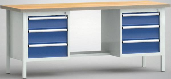 KLW Standard-Werkbank, 2000 x 700 x 840 mm, Buchen-Multiplexplatte, L:150EA/175EA/175EA, M:Stahlblechablage; R: 150EA/175EA/175EA, WS202N-2000M40-E2002