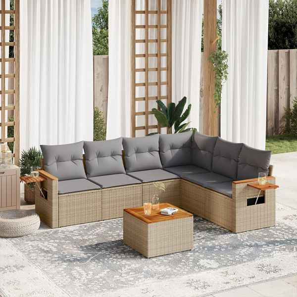 vidaXL 7-teilig Garten-Sofagarnitur mit Kissen Beige Poly Rattan, 3226850