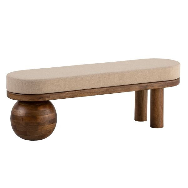 Wohnling Sitzbank Stoff Mango Massivholz Bank 140x47,5x41,5cm, Flur Polsterbank Ausgefallen, Gepolsterte Stoffbank Beige, Kleine Bettbank Flurbank, WL7.315