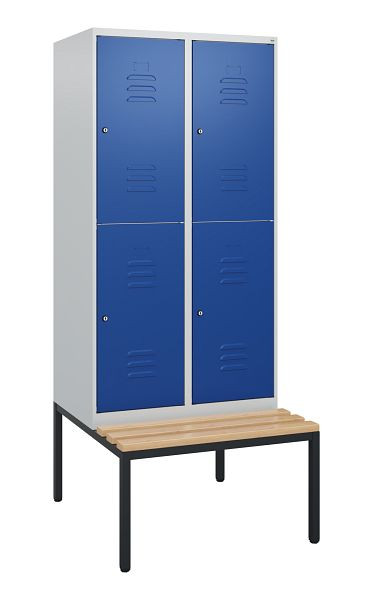 C+P Doppelstöckiger Spind Classic PLUS, 2 Abteile, 1950x800x815mm, 7035/5010, Zylinderschlösser, Buche-Sitzleisten, Sitzbank, 0803505-22 S10029