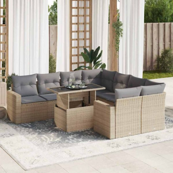 vidaXL 9-tlg. Garten-Sofagarnitur mit Kissen Beige Poly Rattan, 3326290