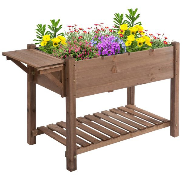 Outsunny Hochbeet Pflanzkasten mit 8 geteilten Gittern faltbare Ablage Blumenkasten Blumentopf Kräuterbeet Massivholz Braun 123 x 54 x 74 cm, 845-396