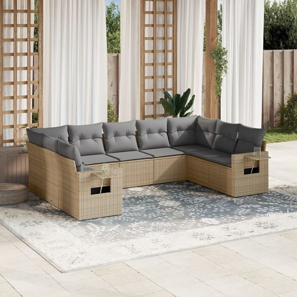vidaXL 9-tlg. Garten-Sofagarnitur mit Kissen Beige Poly Rattan, 3252936