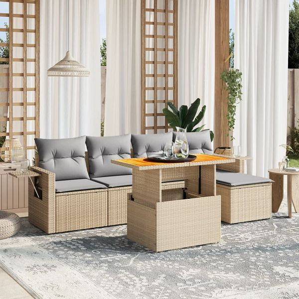 vidaXL 6-teilig Garten-Sofagarnitur mit Kissen Beige Poly Rattan, 3271731