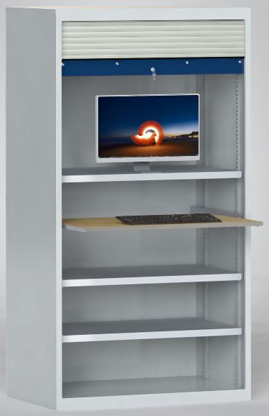 KLW Rollladenschrank 1950x950x425mm für PC-Einsatz in Fertigungs- und Lagerbereichen, Lüftermontage, 3 verstellbare Fachböden, 7RN-LE1950RK-AZT1XRB