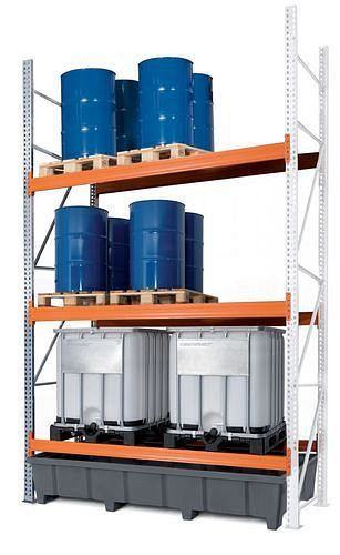 DENIOS Palettenregal PRP 27.44 für 9 Euro- oder 6 Chemiepaletten oder 6 IBC, mit 3 Lagerebenen, Anbaufeld, 201636