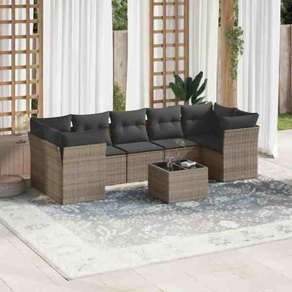 vidaXL 8-tlg. Garten-Sofagarnitur mit Kissen Grau Poly Rattan, UV-beständig, 3249129