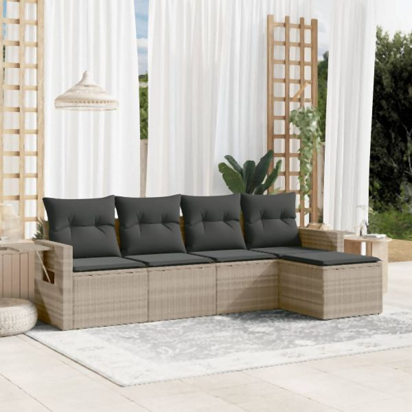 vidaXL 5-tlg. Garten-Sofagarnitur mit Kissen Hellgrau Poly Rattan, 3220091
