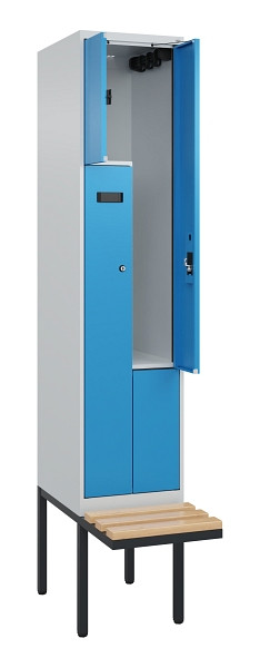 C+P Z-Spind Evolo PLUS, Bank, 2 Fächer, 2120x400x815mm, 7035/5012, Zylinderschloss, Sitzfläche Holz, 0490437-122 S10039