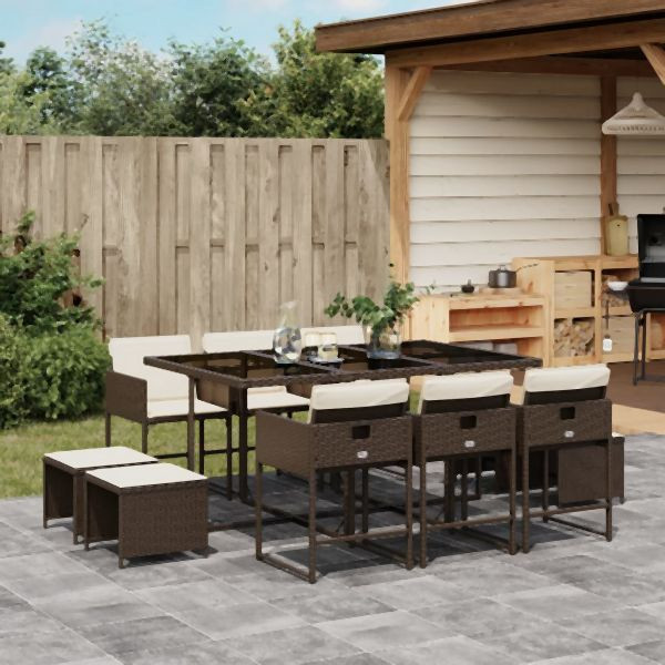 vidaXL 11-tlg. Garten-Essgruppe mit Kissen Braun Poly Rattan, 3211329