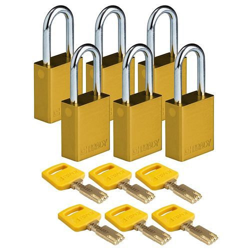 Brady Vorhangschlösser SafeKey, Aluminium, VE: 6 Stück, lichte Bügelhöhe 38,10 mm, gelb, 307989