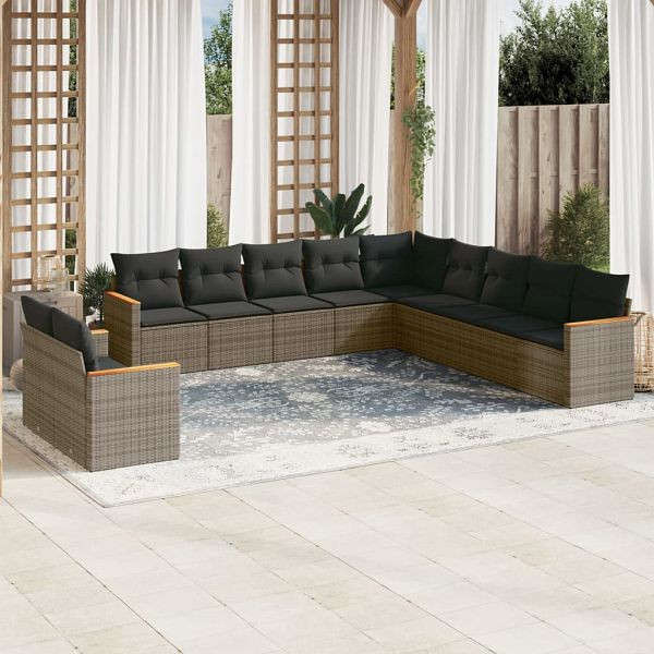 vidaXL 11-teilig Garten-Sofagarnitur mit Kissen Grau Poly Rattan, 3226130