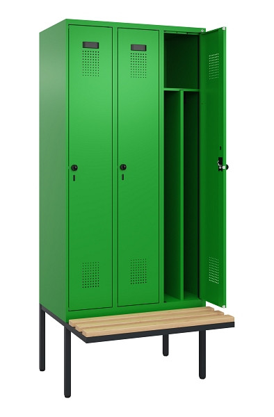 C+P Spind Evolo PLUS, 3 Abteile, 2120x900x815mm, 6037/6037, Haken 4, Drehriegel, Sitzfläche Holz, 0490407-30F S10026