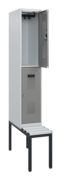 C+P Doppelstöckiger Spind Evolo PLUS, Bank, 2 Fächer, 1950x300x815mm, 7035/0004, Zylinderschloss, Sitzfläche Kunststoff, Sitzbank, 0493505-10 S10149