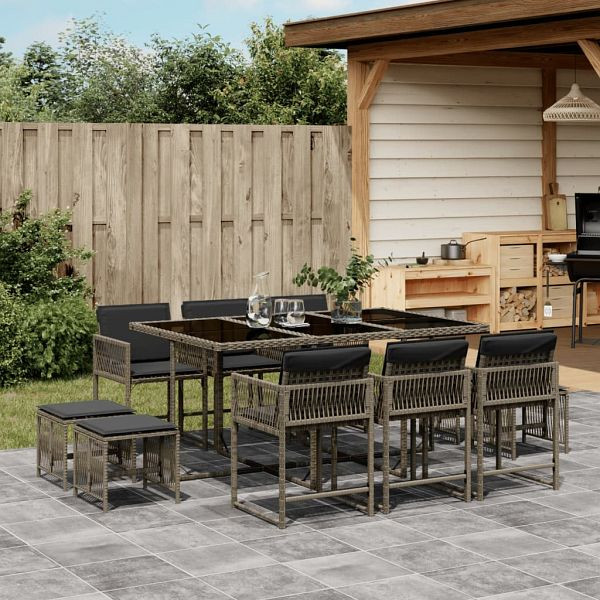 vidaXL 11-teilig Garten-Essgruppe mit Kissen Grau Poly Rattan, 3211508