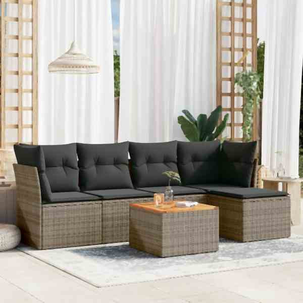 vidaXL 6-tlg. Garten-Sofagarnitur mit Kissen Grau Poly Rattan, UV-beständig, 3255948