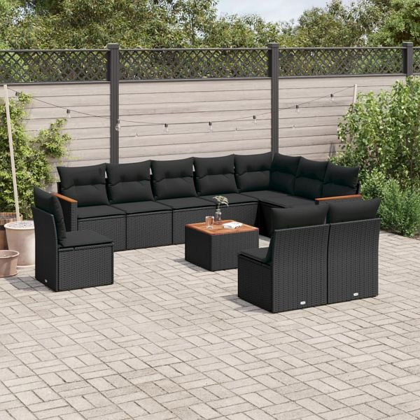vidaXL 11-tlg. Garten-Sofagarnitur mit Kissen Schwarz Poly Rattan, 3226076
