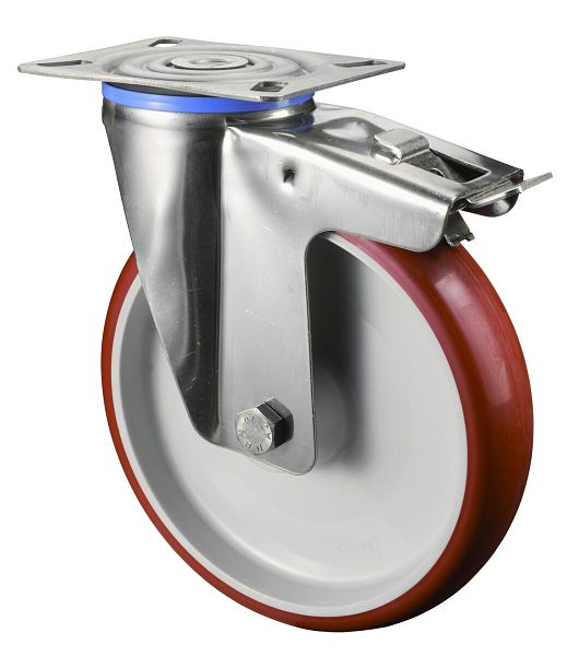 Produktbild von Rollensatz 4 Lenkrollen Mit Feststeller – 80 Mm, PU Rot, Edelstahlgabel – Für Kühlhäuser & Industrie – Bodenschonend & Langlebig