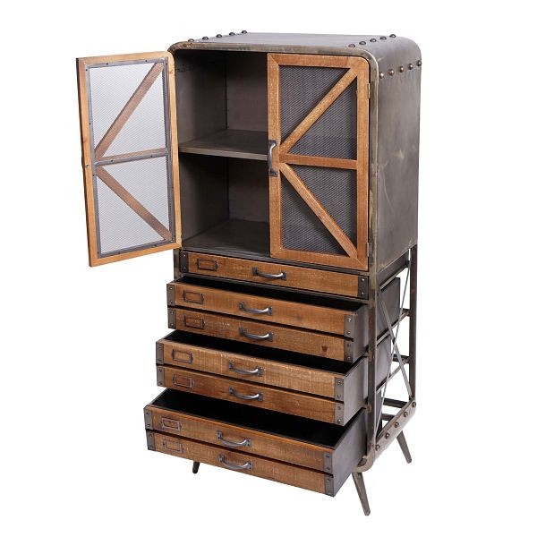 Mendler Hochschrank HWC-F91, Apothekerschrank Wohnzimmerschrank, Industrial Tanne Holz Metall 128x60x33cm, braun-schwarz, 70613