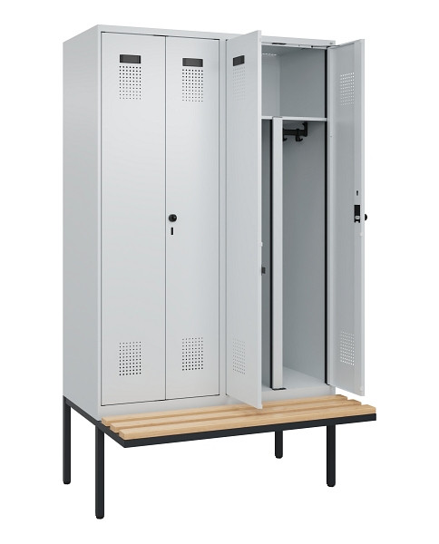 C+P PSA Doppel-Spind Evolo PLUS, Bank, 4 Abteile, 2120x1200x815mm, 7035/7035, Drehriegel, Sitzfläche Holz, 0490427-40P S10013