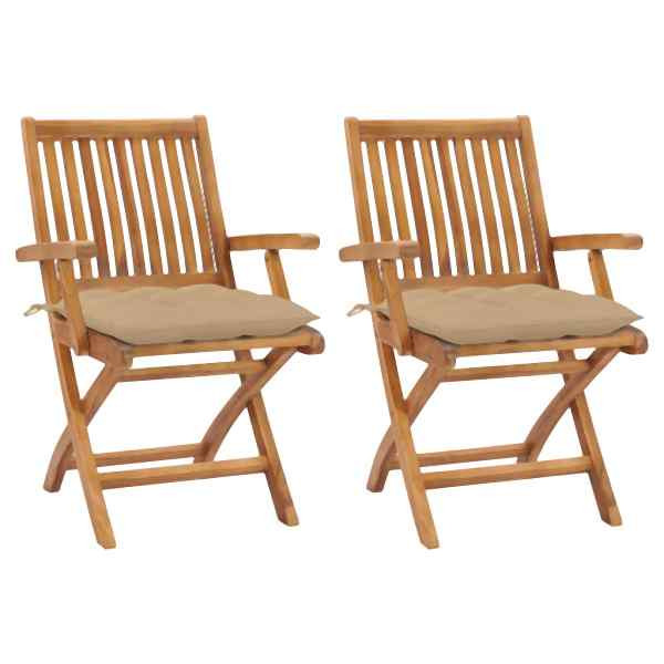 vidaXL Gartenstühle 2 Stück mit Beige Kissen Massivholz Teak, 3062424