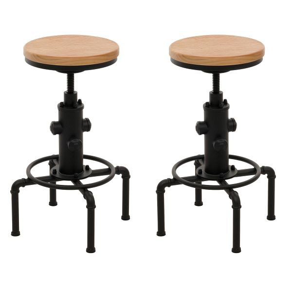 Mendler 2er-Set Barhocker HWC-N23, Barstuhl Tresenhocker höhenverstellbar drehbar Fußablage Industrial Eisen Massiv-Holz, natur, 105971