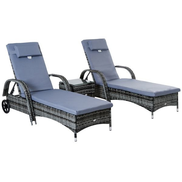 Outsunny Sonnenliege Gartenliege Tisch 3er Set Gartenmöbel Polyrattan Grau, 862-014V01