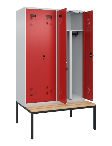 C+P PSA Doppel-Spind Evolo PLUS, Bank, 4 Abteile, 2120x1200x815mm, 7035/3000, Drehriegel, Sitzfläche Buche-Hartholz, Sitzbank, 0490527-40P S10003