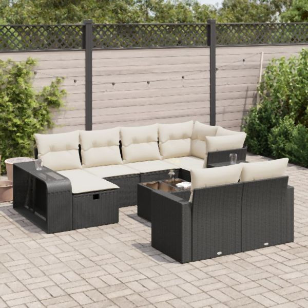 vidaXL 11-tlg. Garten-Sofagarnitur mit Kissen Schwarz Poly Rattan, 3326070