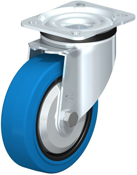 Blickle LK-POEV 125K-1-SB-FA Stahlblech-Lenkrolle, schwere Ausführung, mit Anschraubplatte, Elastik-Vollgummi, Blau, 750342