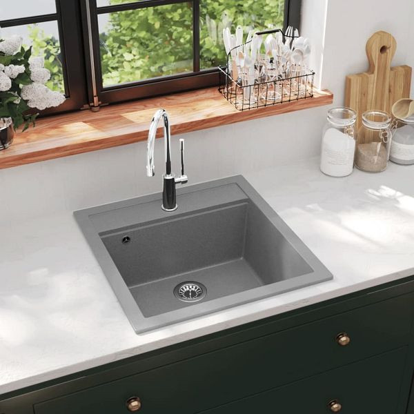 vidaXL Granit-Küchenspüle Einzelbecken Grau, Material: 80% Quarz, 20% Harz, 142949