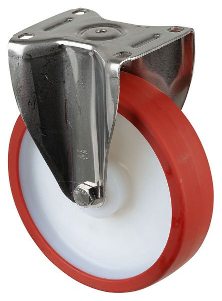 BS Rollen Edelstahl-Schwerlastrolle Bockrolle, Edelstahl, Gleitlager Polyurethanrad rot, Anschraubplatte, Durchmesser 200 mm, HS110.B27.201